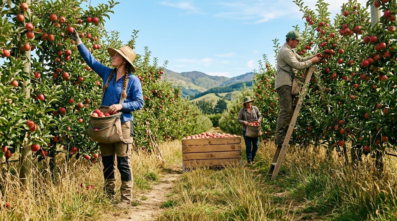 Article Image: Workers picking apples in a sunny New Zealand orchard during the late summer harvest.
