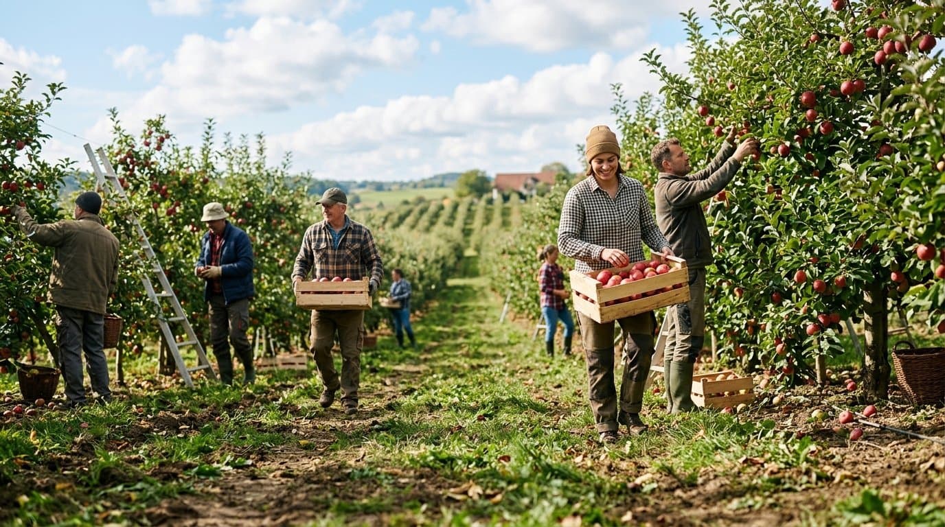 Article Image: Seasonal workers gathering fresh red apples in a sunny European farm orchard.