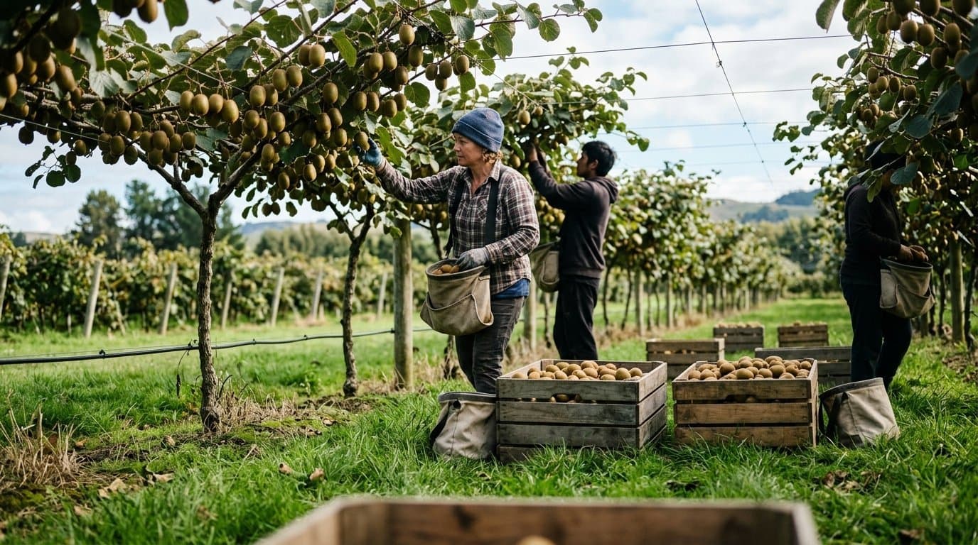 Article Image: Farm workers picking ripe kiwifruit in a sunny agricultural orchard.