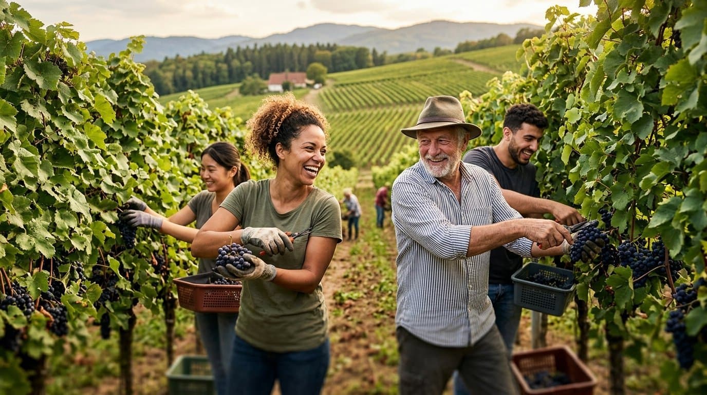 Article Image: Seasonal workers picking grapes in a German vineyard, representing agricultural seasonal work in Europe.