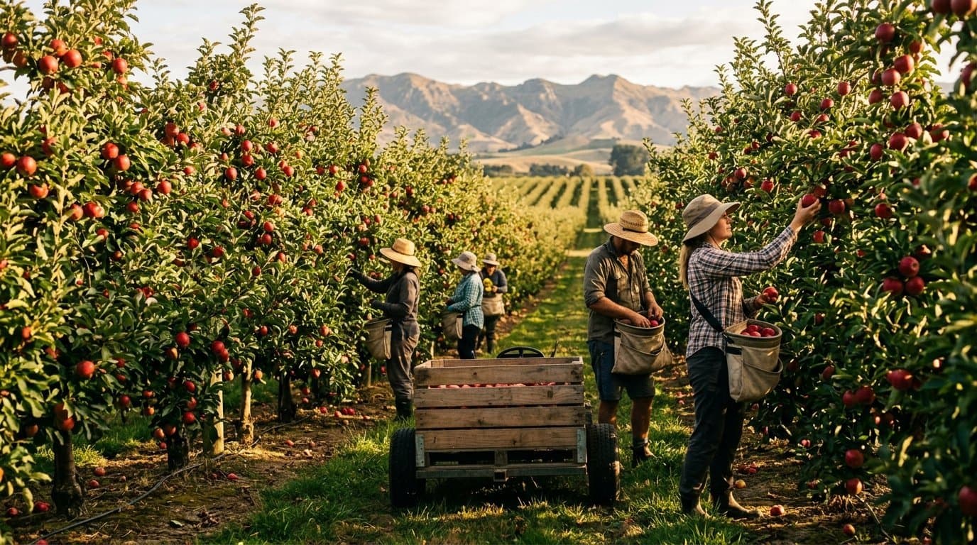 Article Image: Agricultural workers harvesting apples in an orchard during late afternoon sunshine.