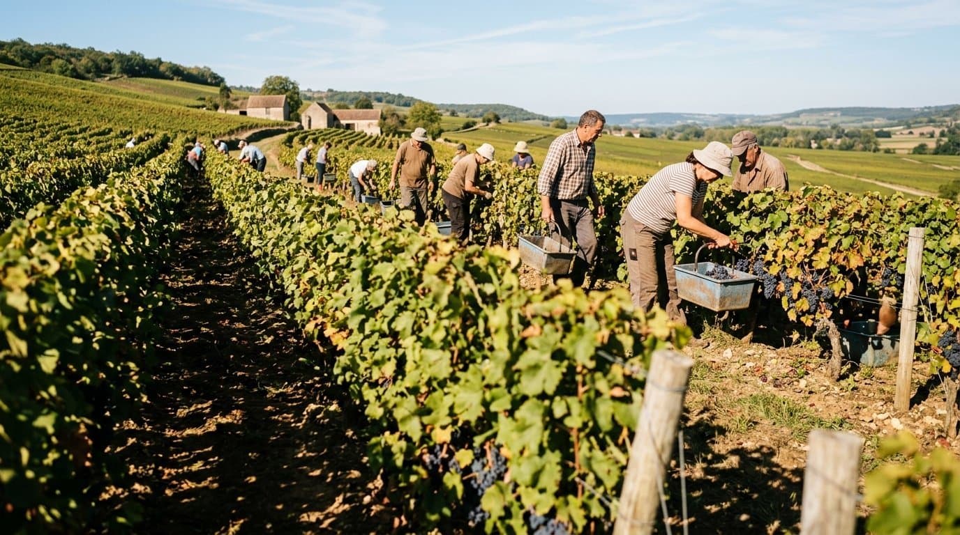 Article Image: Workers are harvesting grapes in a sunny vineyard in Europe.