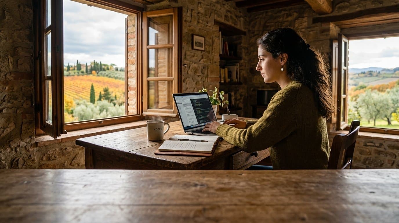 Article Image: A professional working on a laptop at a sunlit desk with a scenic view of Italian hills in autumn.
